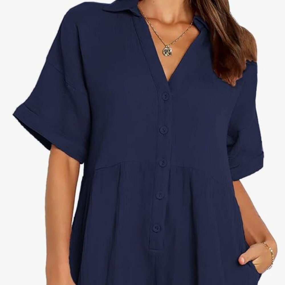 Blue Button-Up Romper – Size 2XL Casual Short Sleeve One-Piece